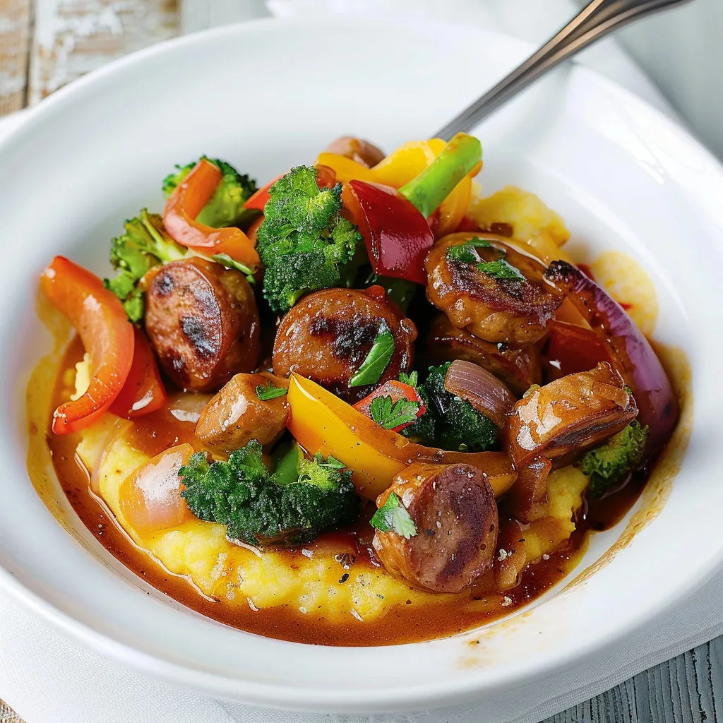 Délicieux Ragoût Saucisses avec Polenta et Brocoli