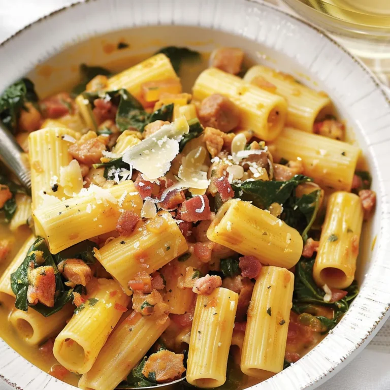 Délicieux rigatonis au porc, citron et épinards