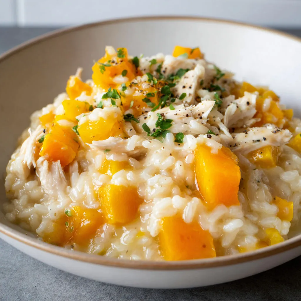 Délicieux risotto au poulet, courge et cheddar.