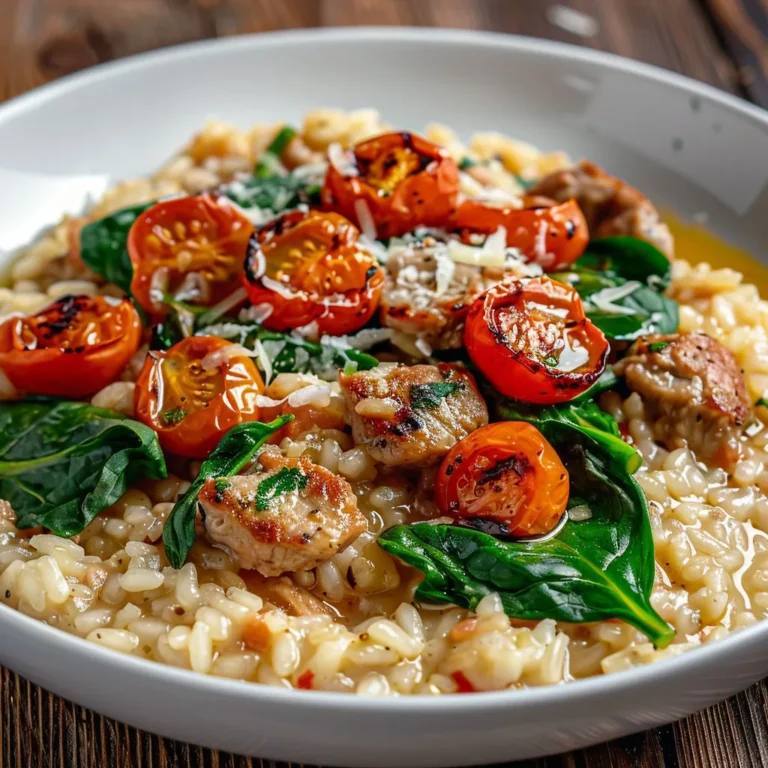 Délicieux risotto au veau, épinards et tomates rôties