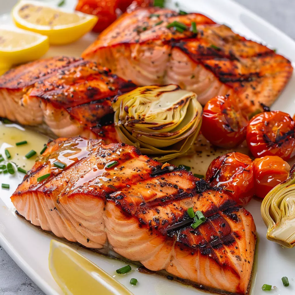 Délicieux saumon grillé aux tomates et artichauts