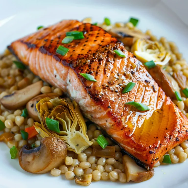 Délicieux saumon poêlé avec orge et champignons sauvages