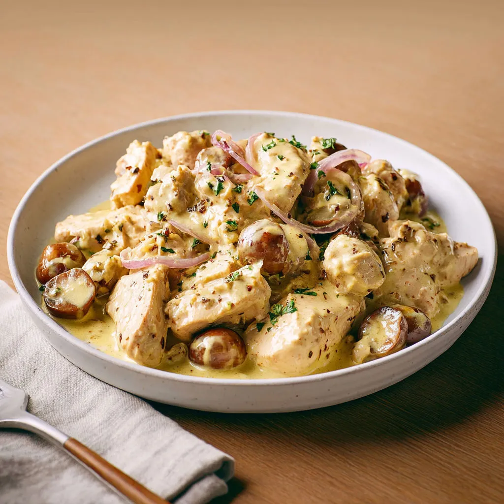 Délicieux sauté de dinde à la moutarde et châtaignes