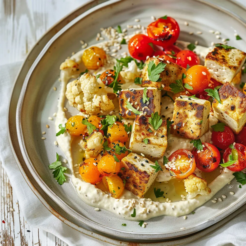 Délicieux sauté végétarien garni de houmous maison