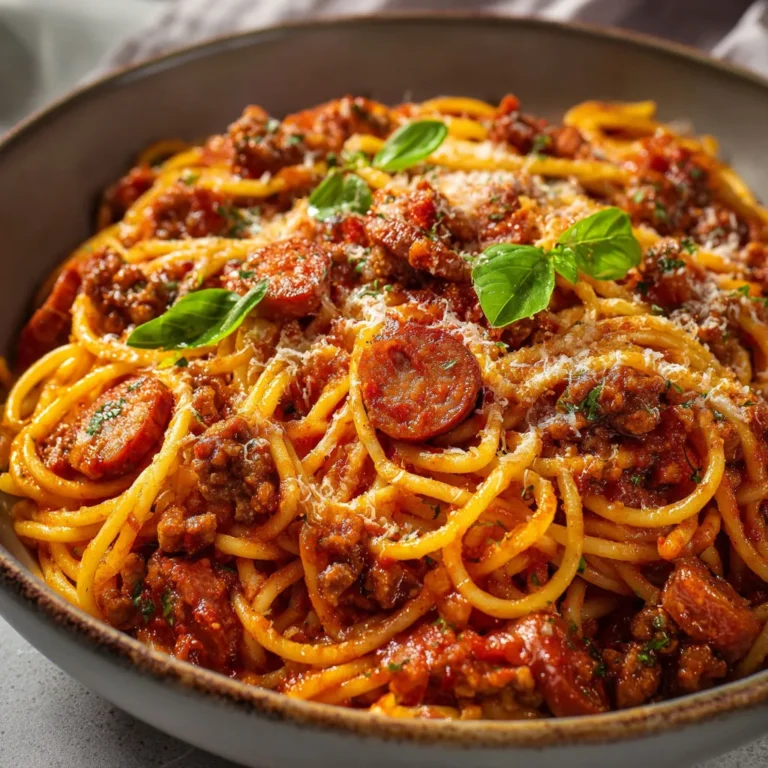 Délicieux spaghetti bœuf avec saucisse fumée: recette savoureuse!