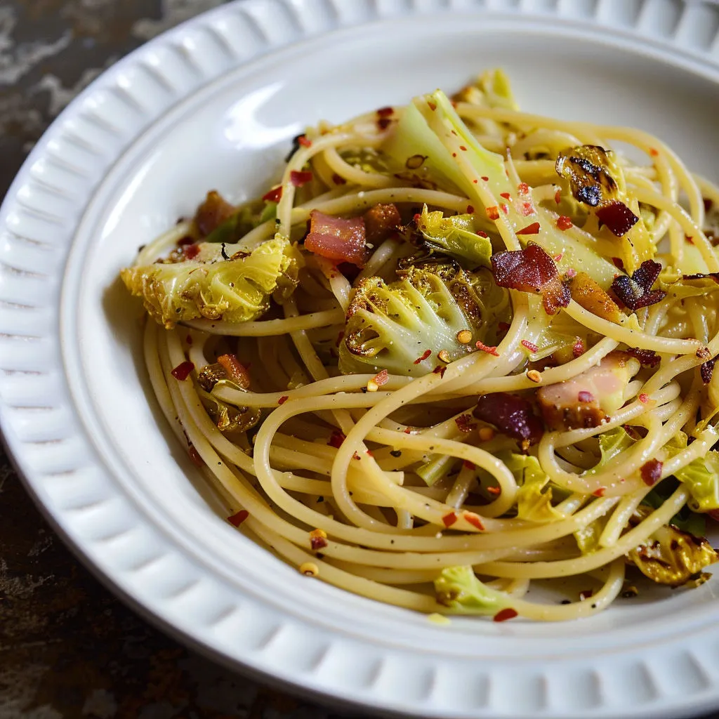 Délicieux spaghetti chou avec lardons et piment