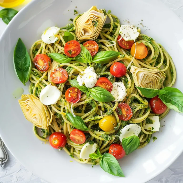 Délicieux spaghettis au pesto d'artichauts et tomates