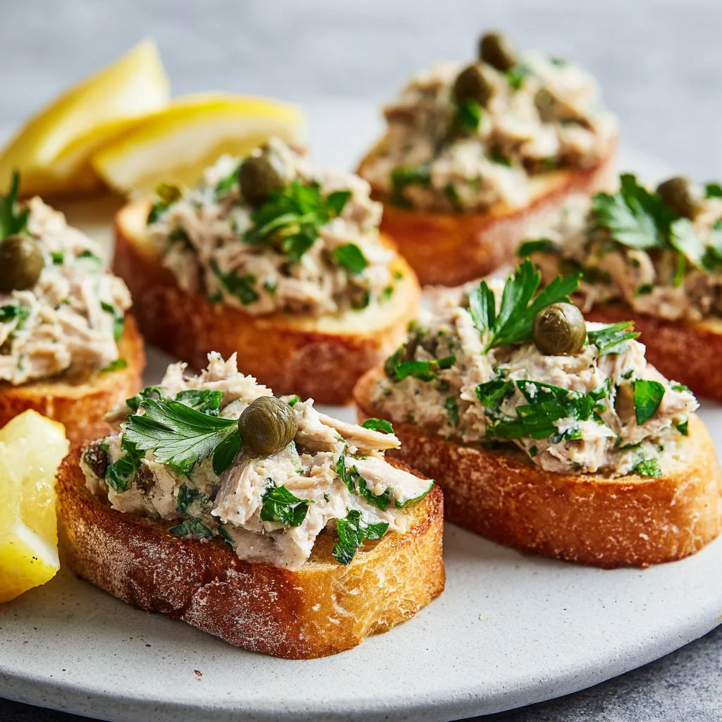 Délicieux toasts au thon avec câpres et persil