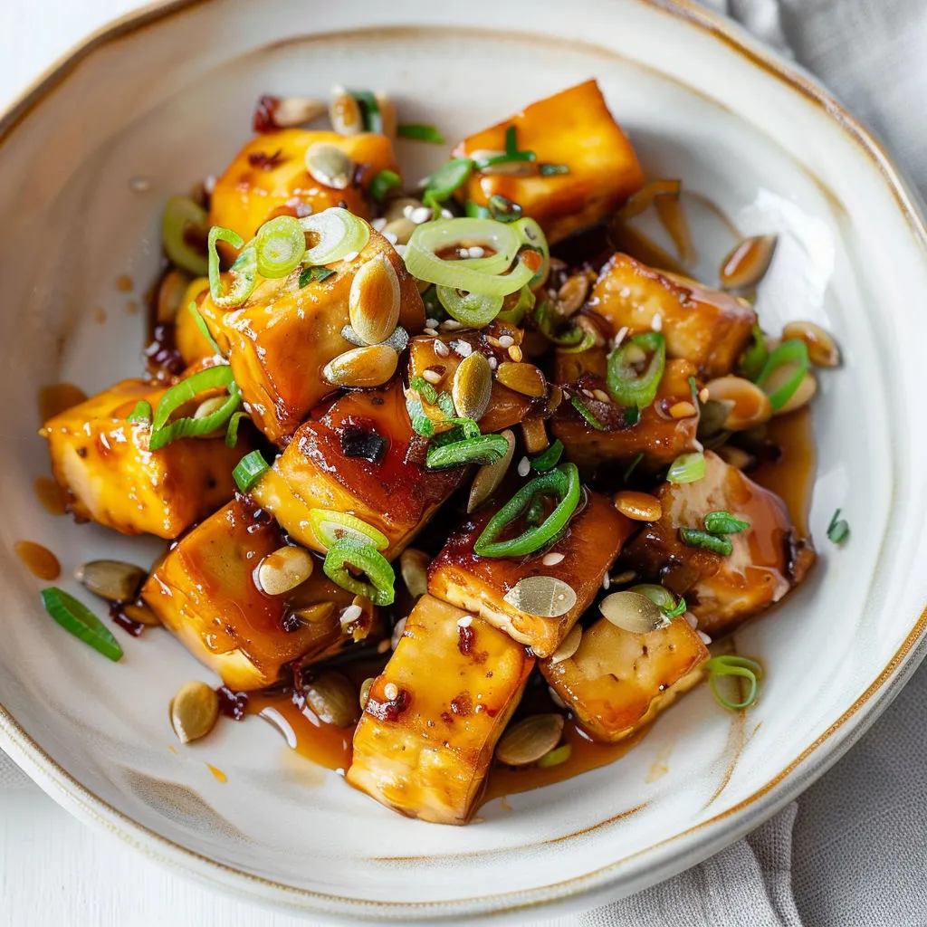 Délicieux tofu caramélisé aux graines de citrouille croquantes