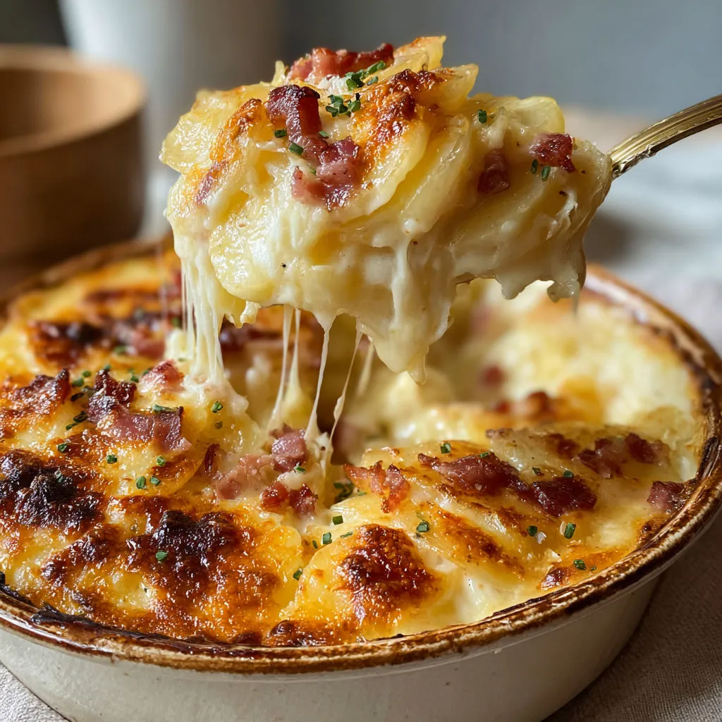 Gratin de pommes de terre, mozzarella et lardons.