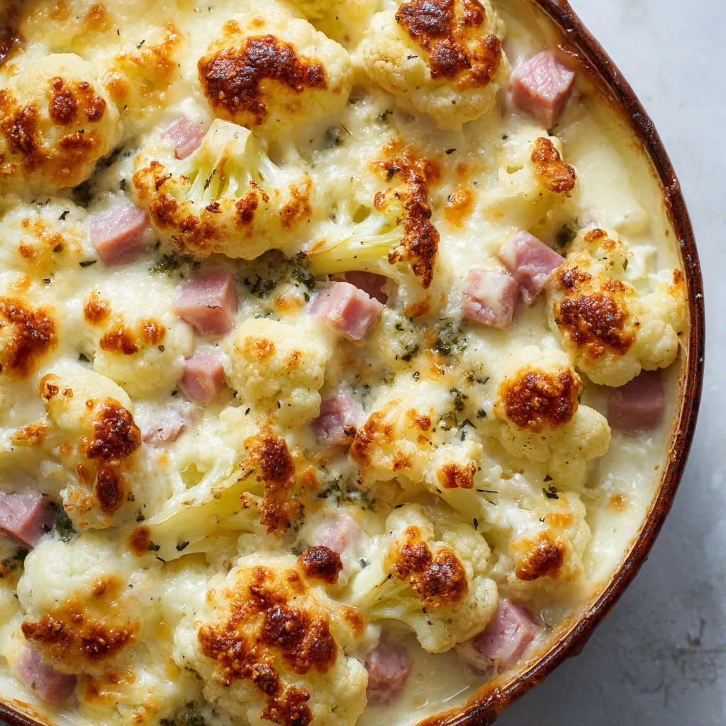 Gratin savoureux chou-fleur et jambon au fromage