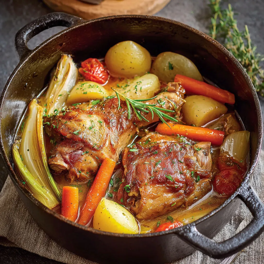 Recette : Jarret de porc braisé aux légumes tendres