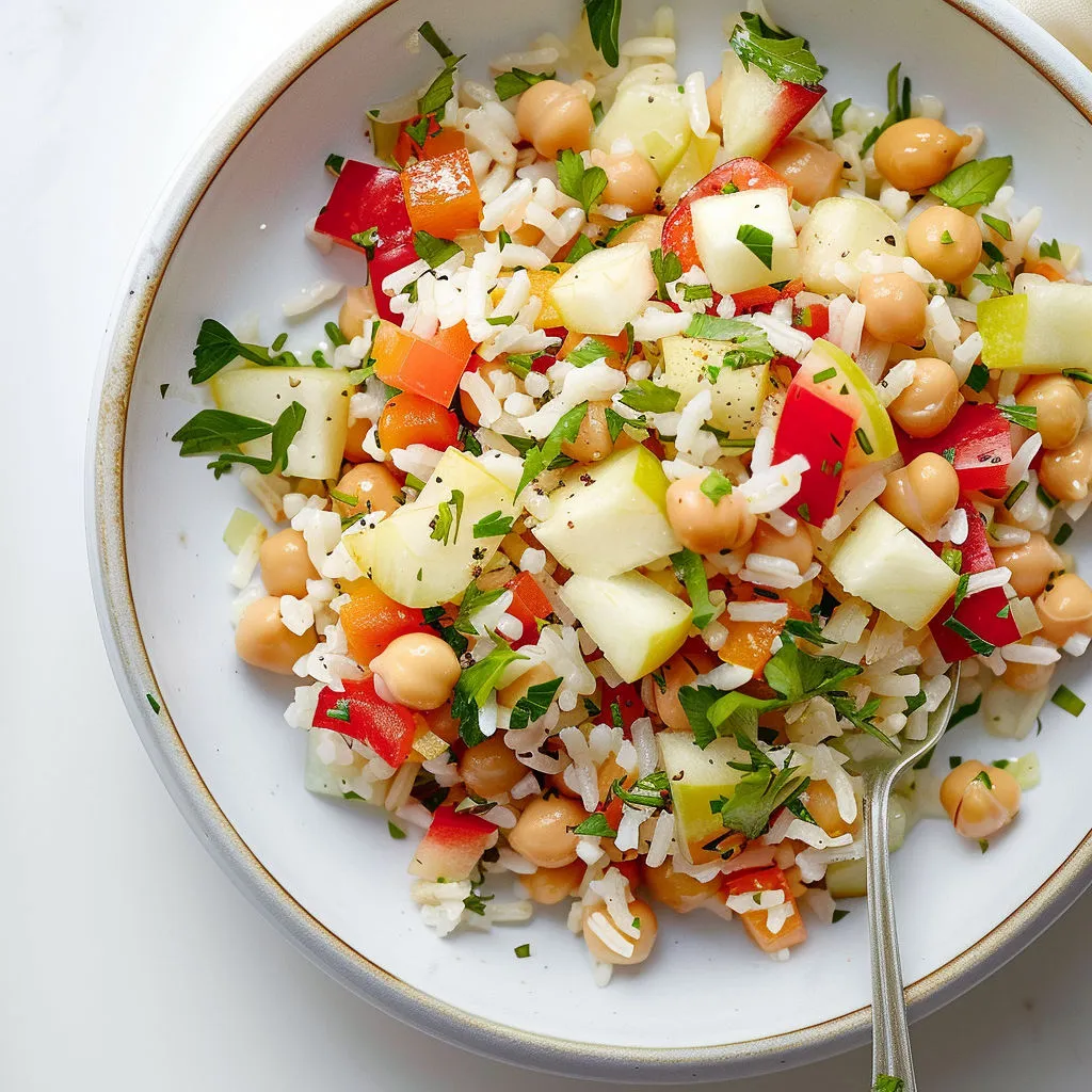 Salade colorée: riz, pommes, poivrons, vinaigrette maison