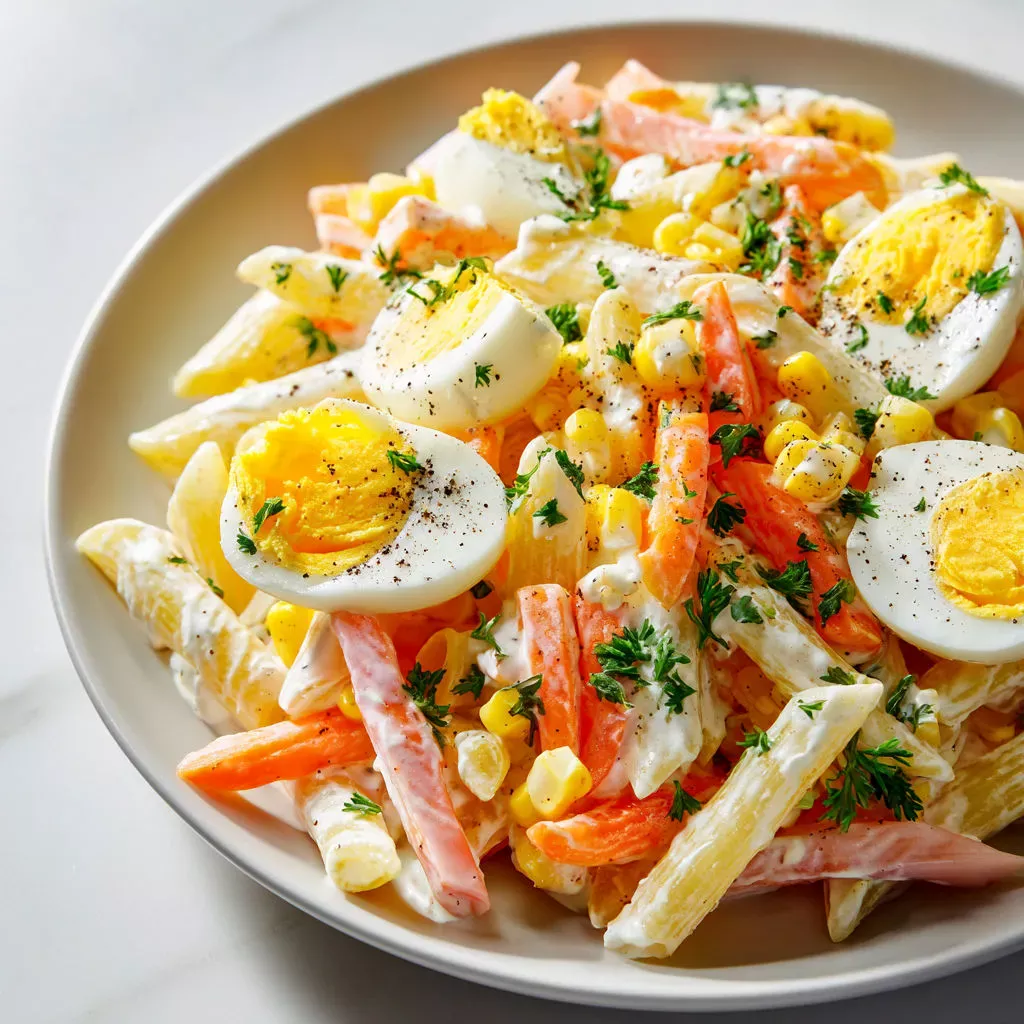 Salade de pâtes au surimi et œufs durs