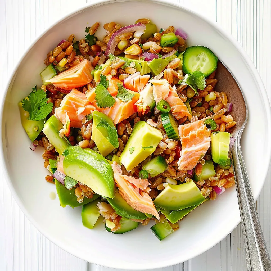 Salade fraîche épeautre, saumon fumé et avocat