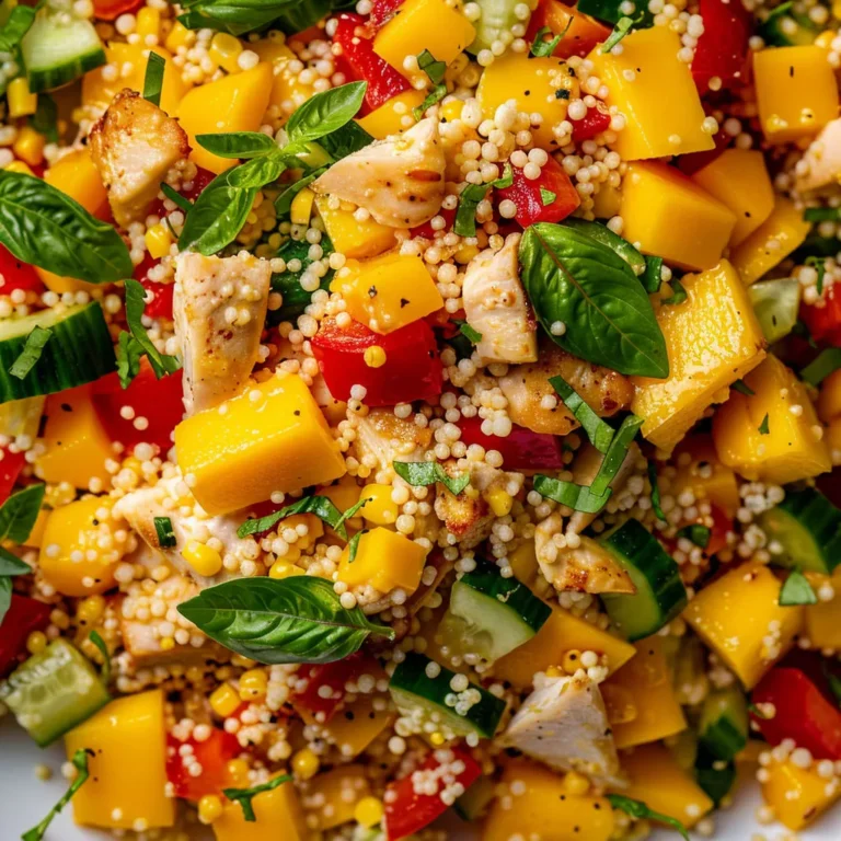Salade fraîcheur: couscous, poulet grillé, mangue et vinaigrette.