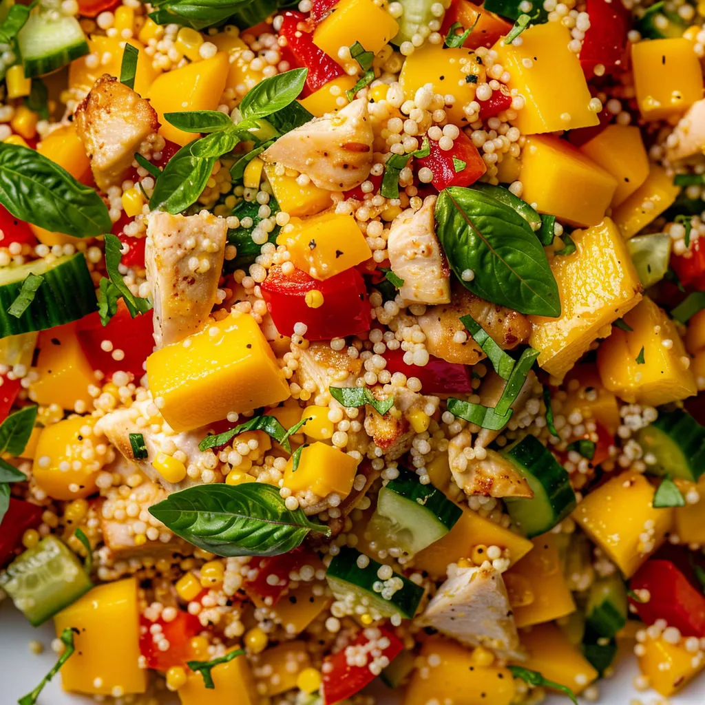 Salade fraîcheur: couscous, poulet grillé, mangue et vinaigrette.
