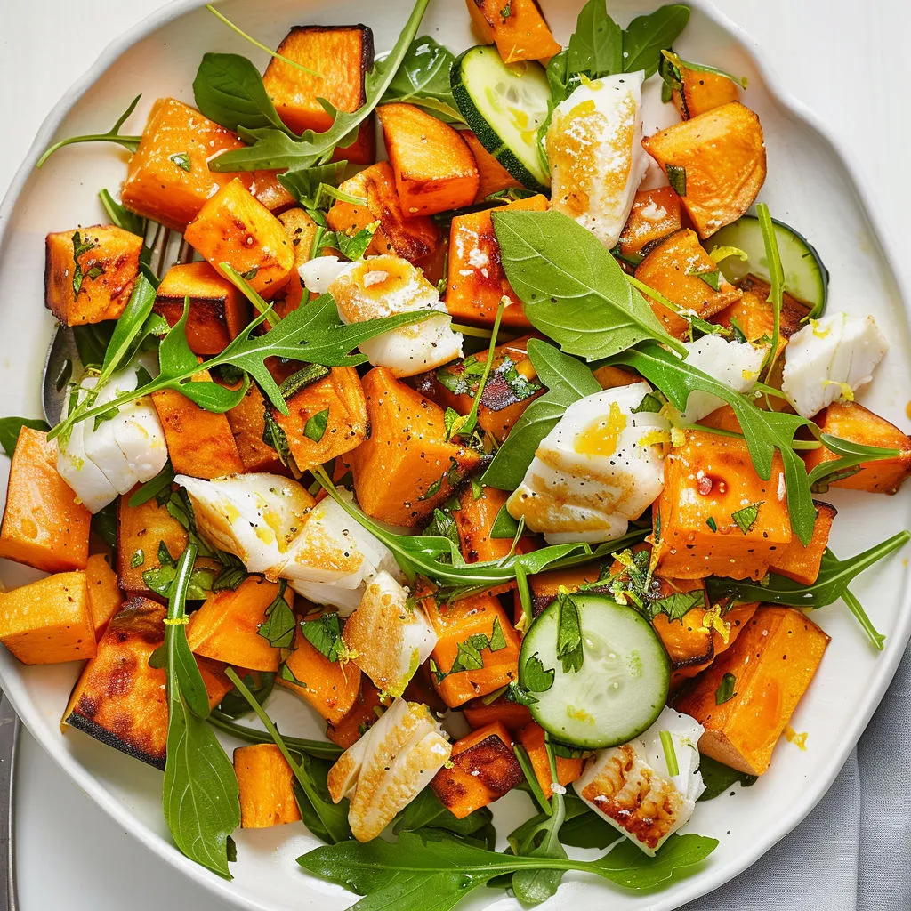 Salade fraîcheur : poisson, patate douce et basilic