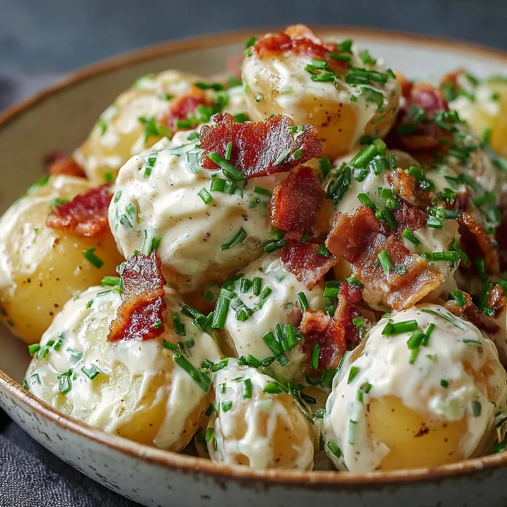 Salade gourmande pommes de terre, bacon et ail