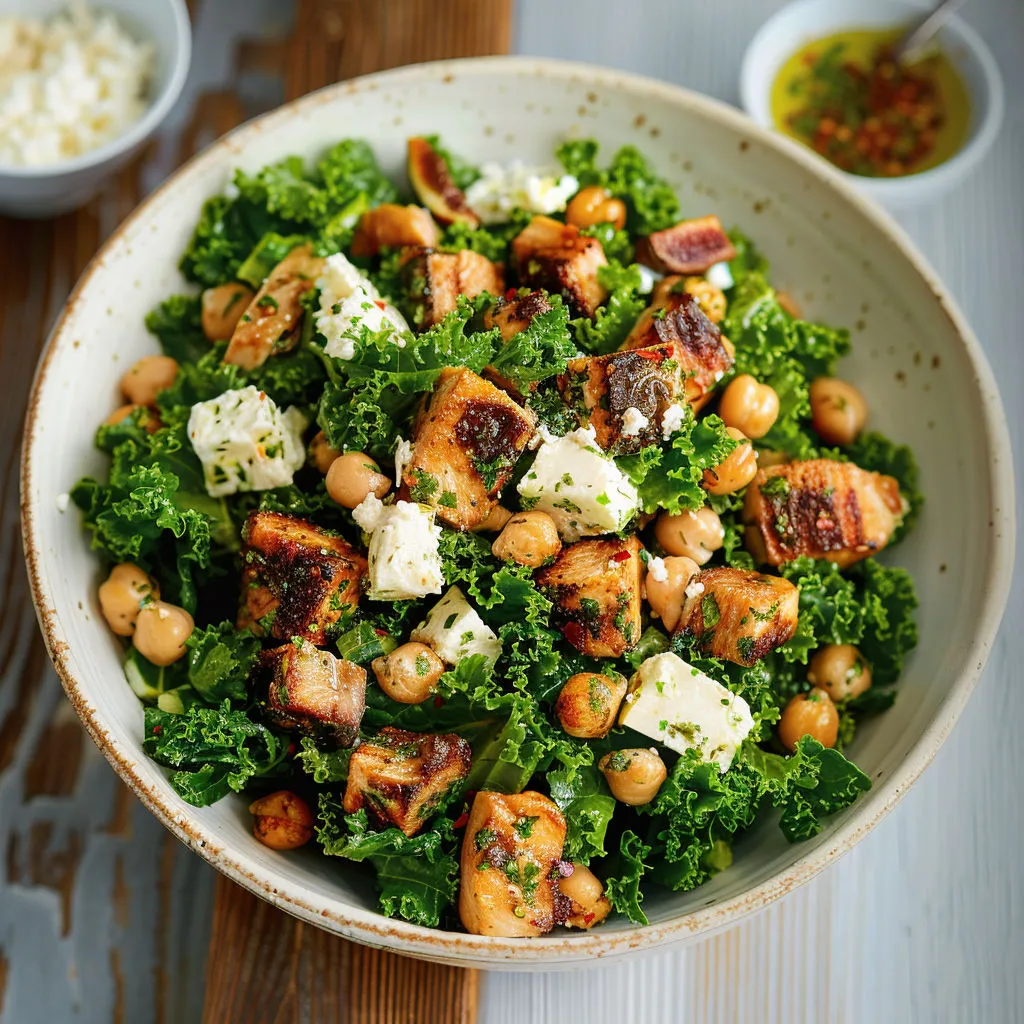 Salade tendance: kale, poulet, figues, vinaigrette miel-balsamique