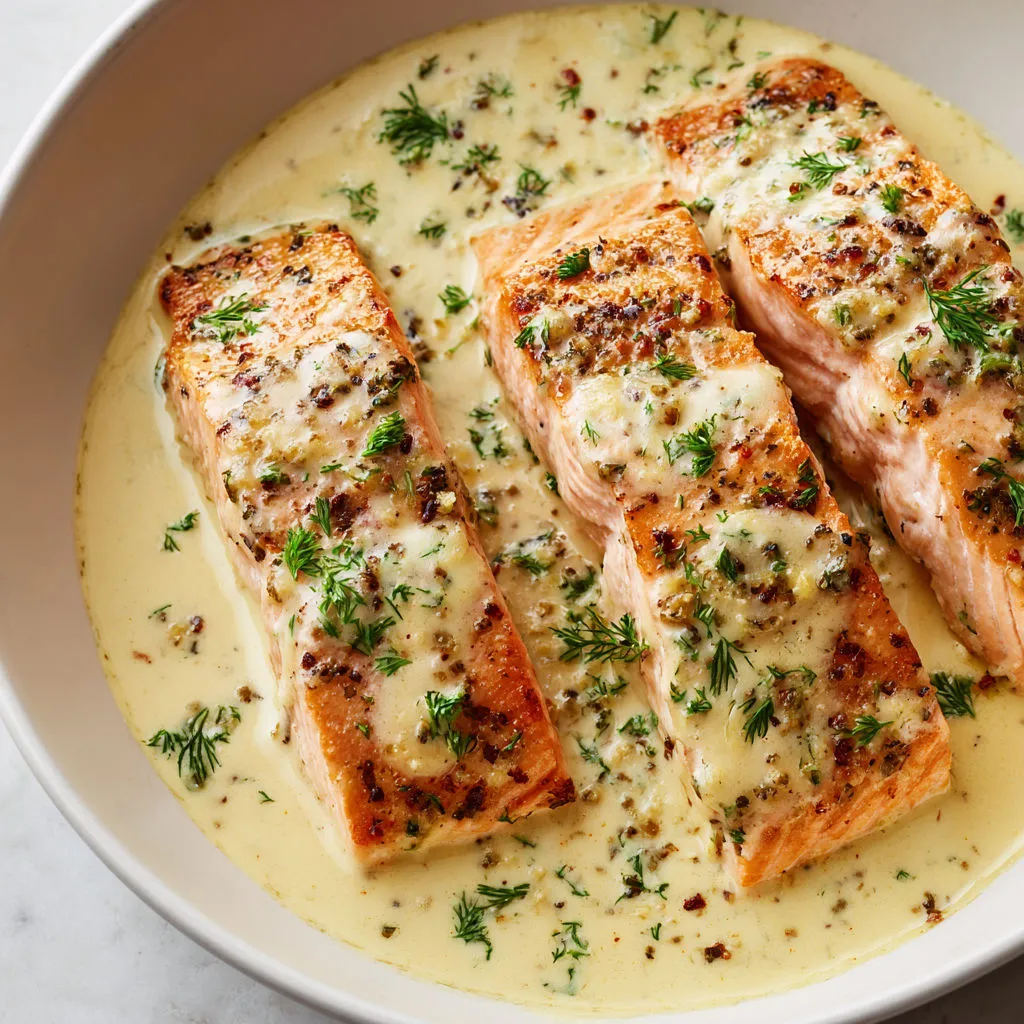 Saumon au four, sauce crémeuse à la moutarde