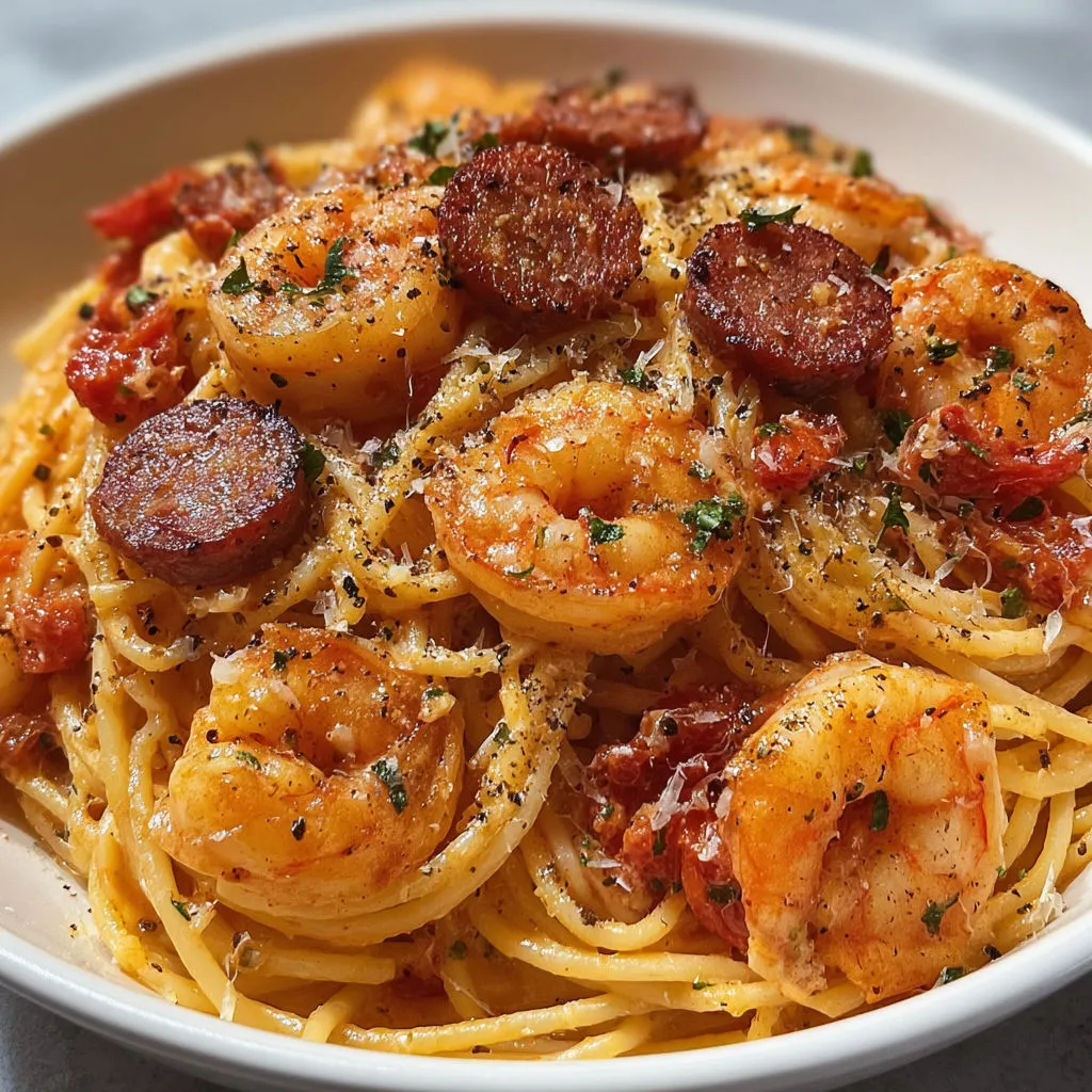 Spaghetti onctueux aux crevettes et chorizo