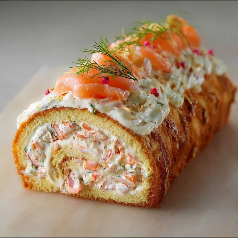 Bûche festive aux crevettes et saumon pour Noël.