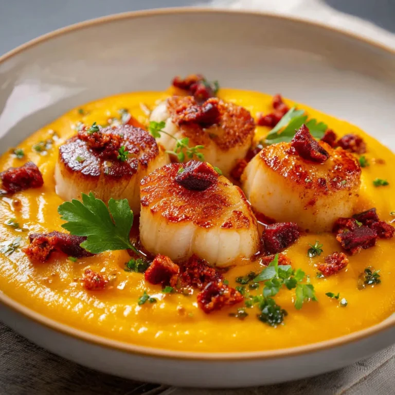 Délice de Saint-Jacques sur lit de crème butternut.