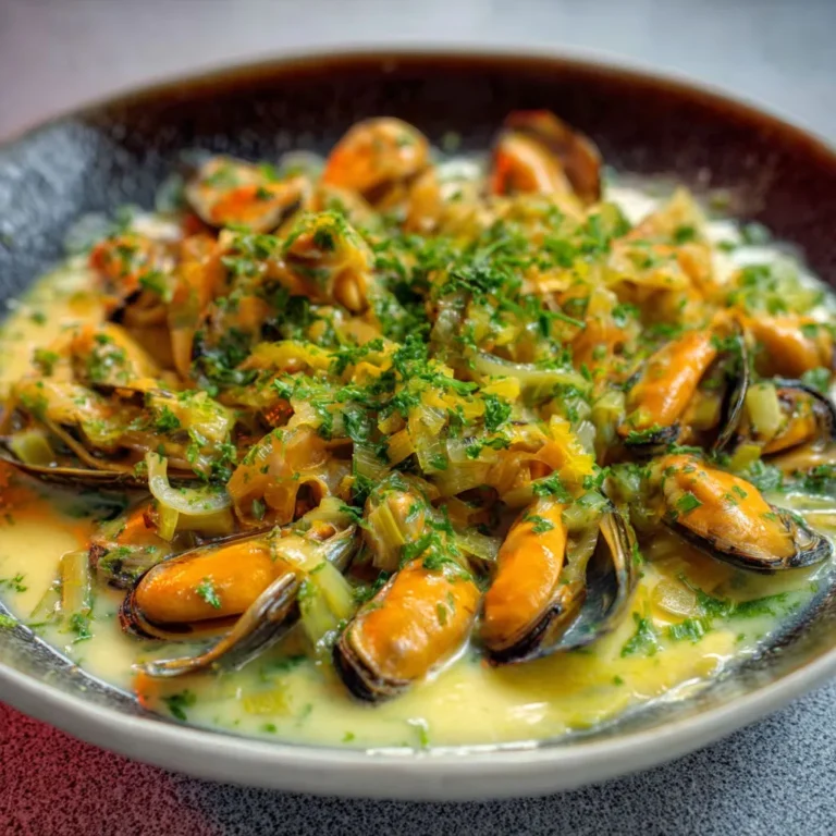 Délicieuse fricassée: moules, poireaux, vin blanc.