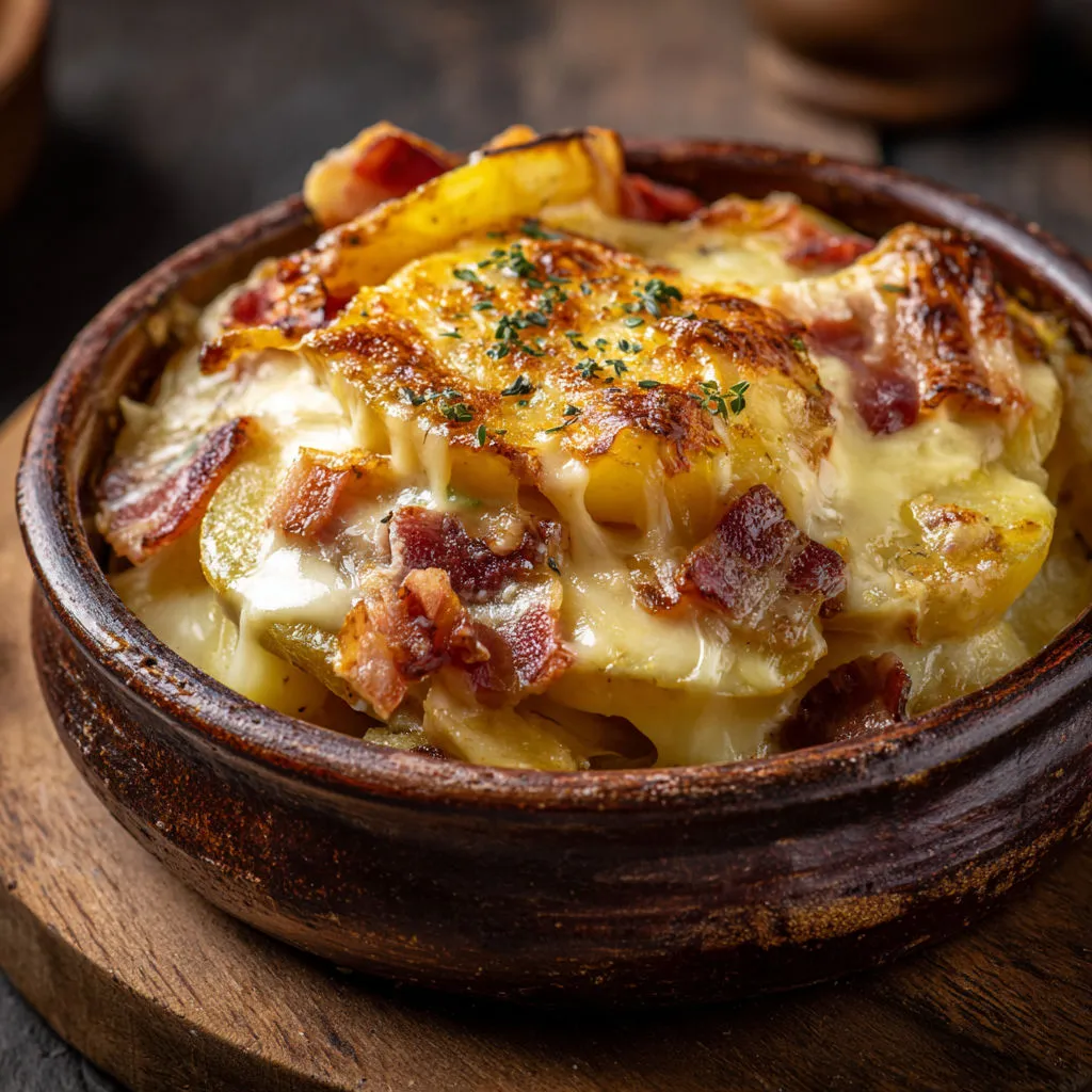 Délicieuse recette de tartiflette au four, spécialité savoyarde.