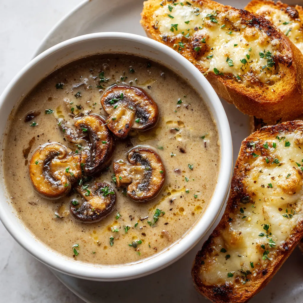 Délicieuse soupe aux champignons gratinée au pain à l'ail