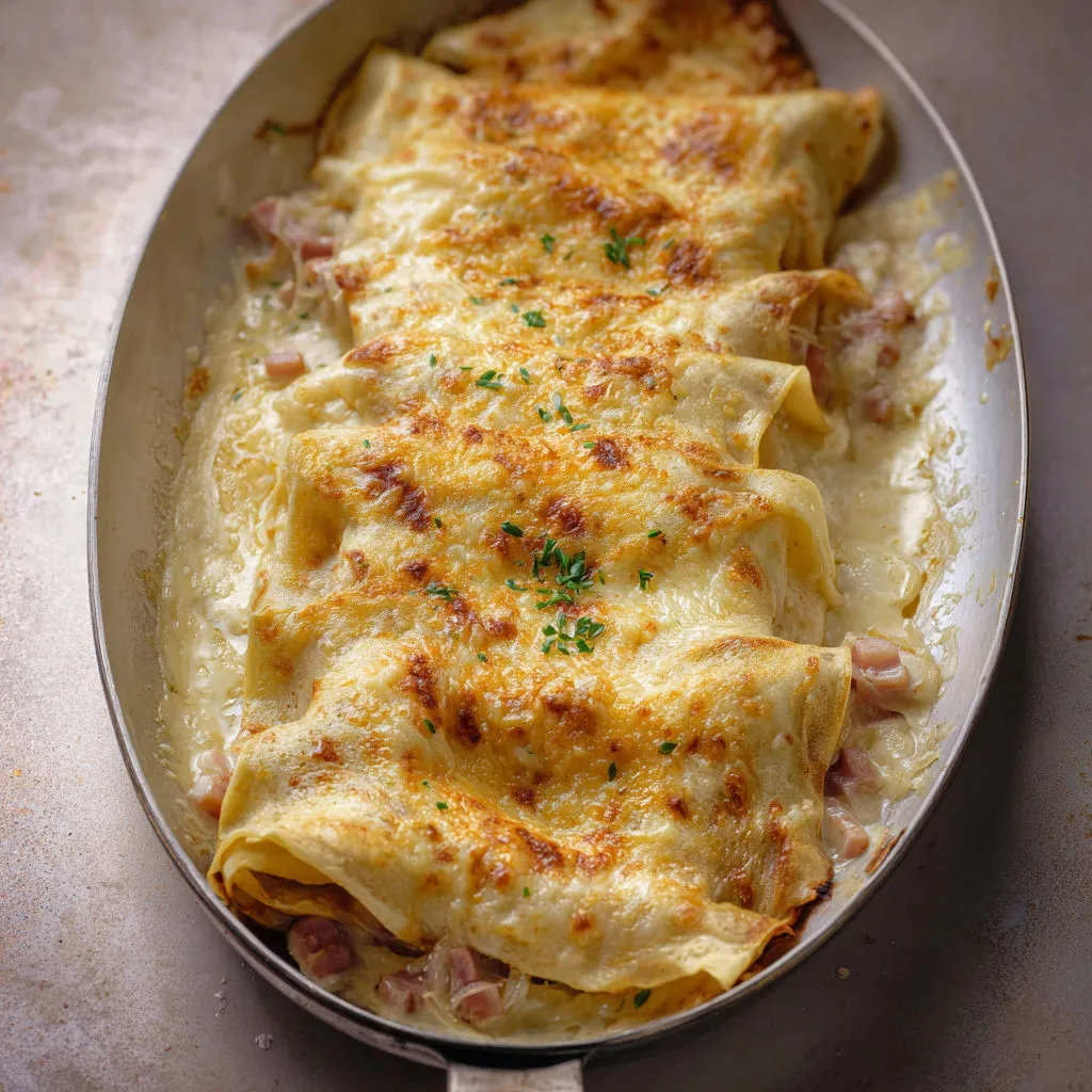 Délicieuses crêpes gratinées jambon béchamel homemade