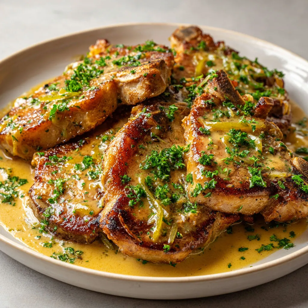 Délicieuses côtes de porc à la sauce charcutière.