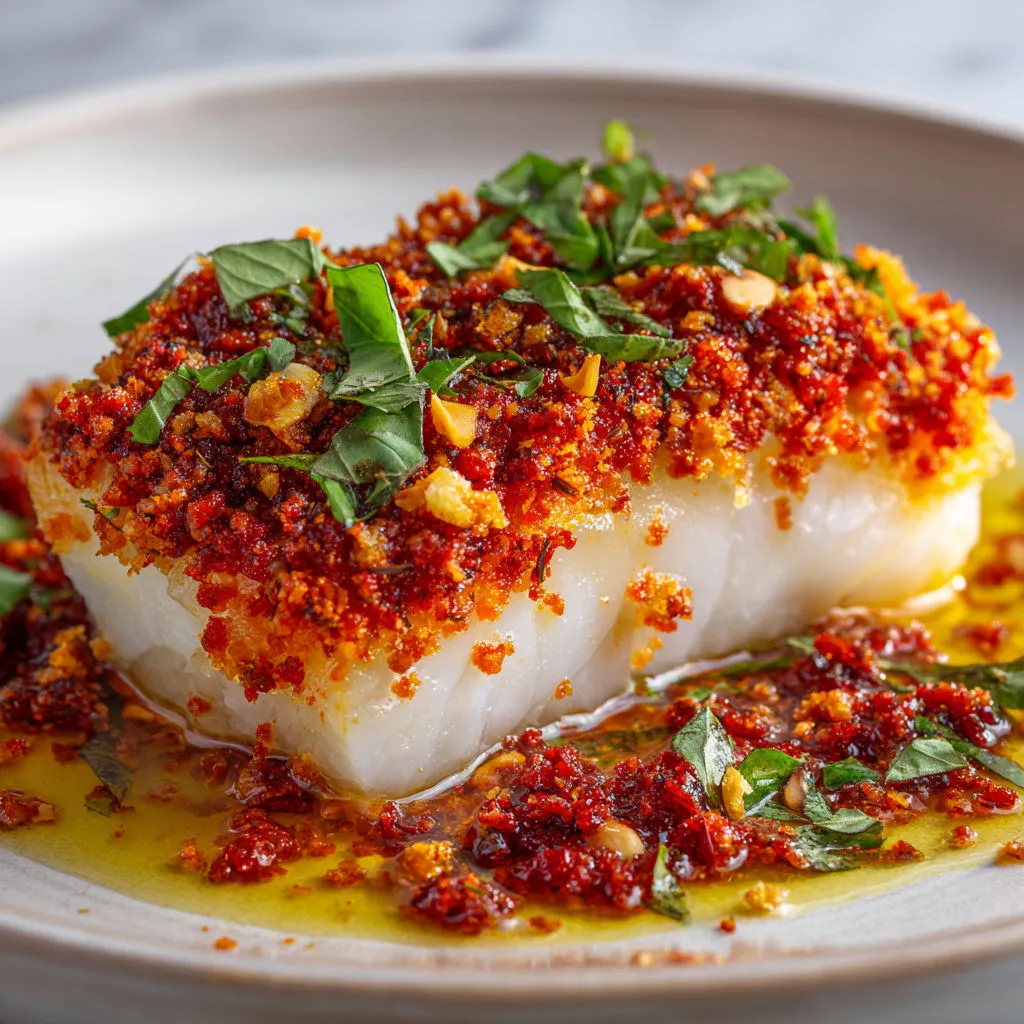 Délicieux cabillaud en croûte croustillante au chorizo.