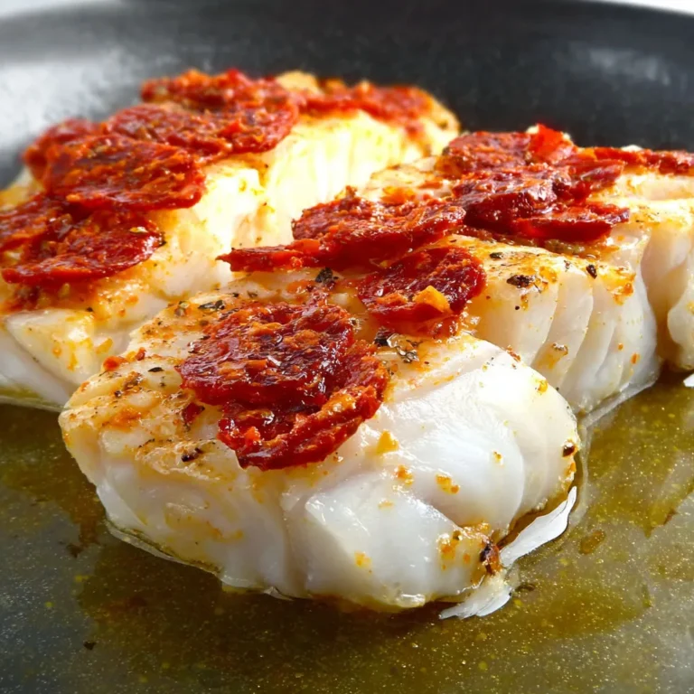 Délicieux cabillaud sauté avec chorizo et poivrons rouges