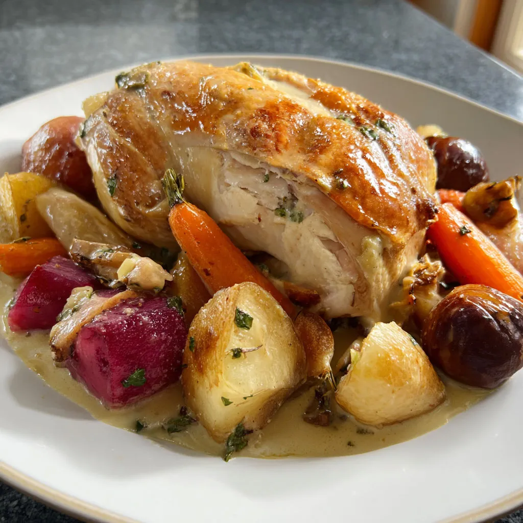 Délicieux chapon au riesling et légumes d'hiver.