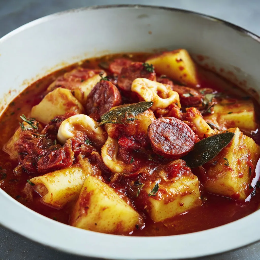 Délicieux ragoût de calamars au chorizo et tomate
