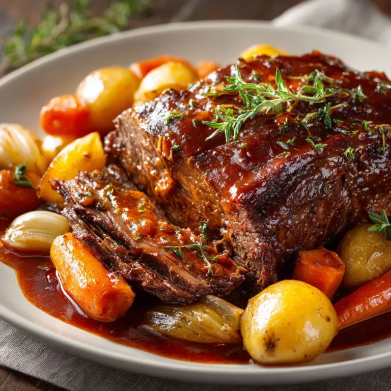 Délicieux rôti de bœuf braisé aux légumes et vin