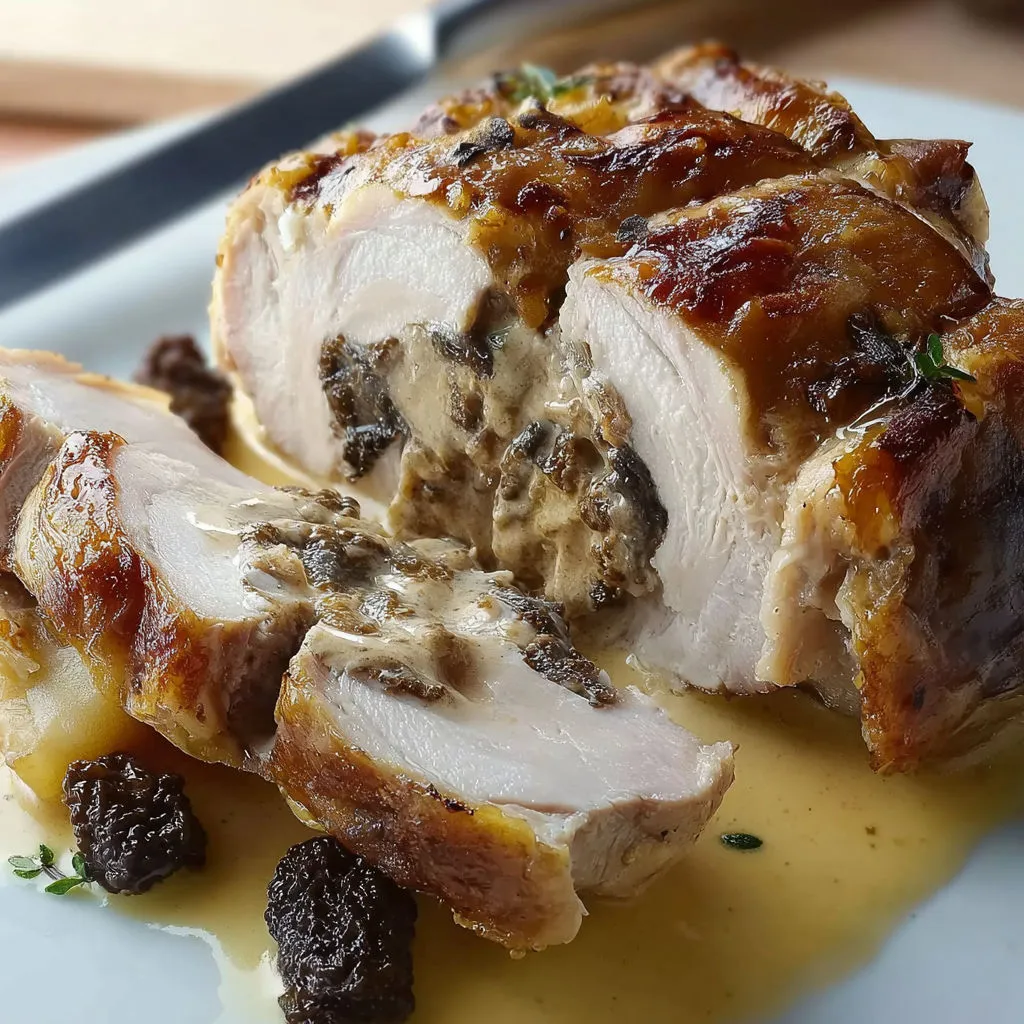Délicieux rôti de chapon aux morilles et crème