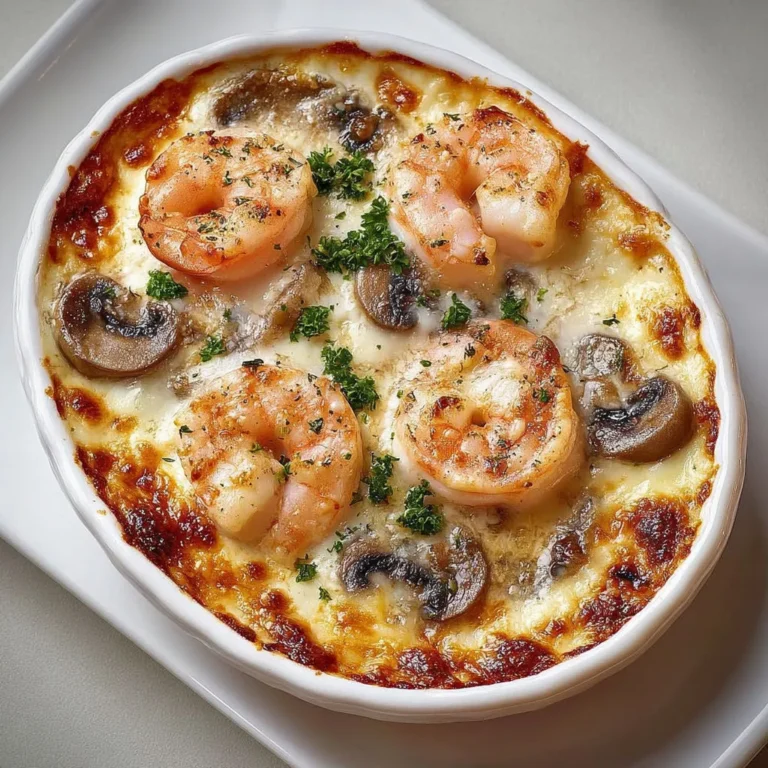 Gratin onctueux : crevettes, champignons, sauce crémeuse