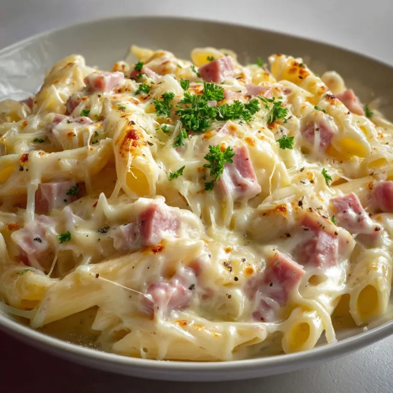 Recette savoureuse de pâtes au jambon et fromage.