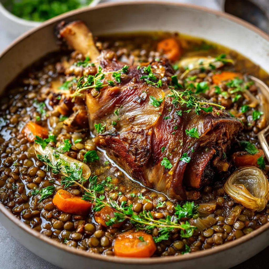 Recette savoureuse : Jarret de porc aux lentilles moelleuses