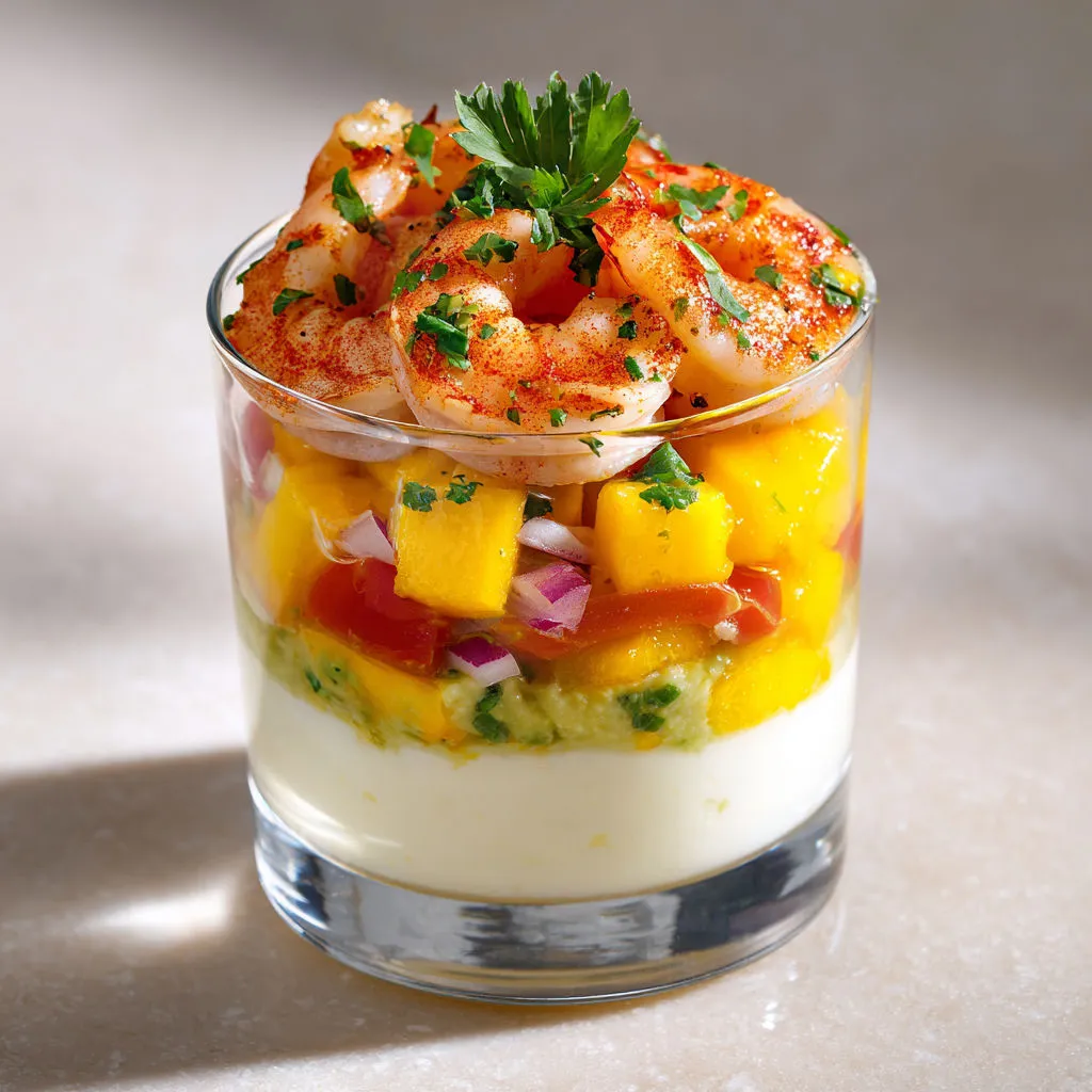 Verrines exotiques : crevettes, mangue et guacamole