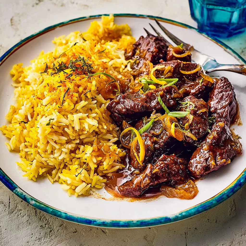 Délice d'onglet de bœuf aux agrumes et riz parfumé