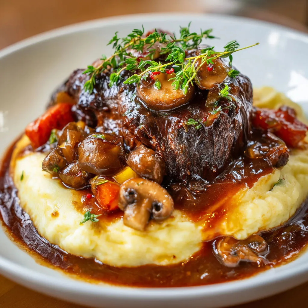 Délice: Joue de bœuf confite, champignons, purée fondante