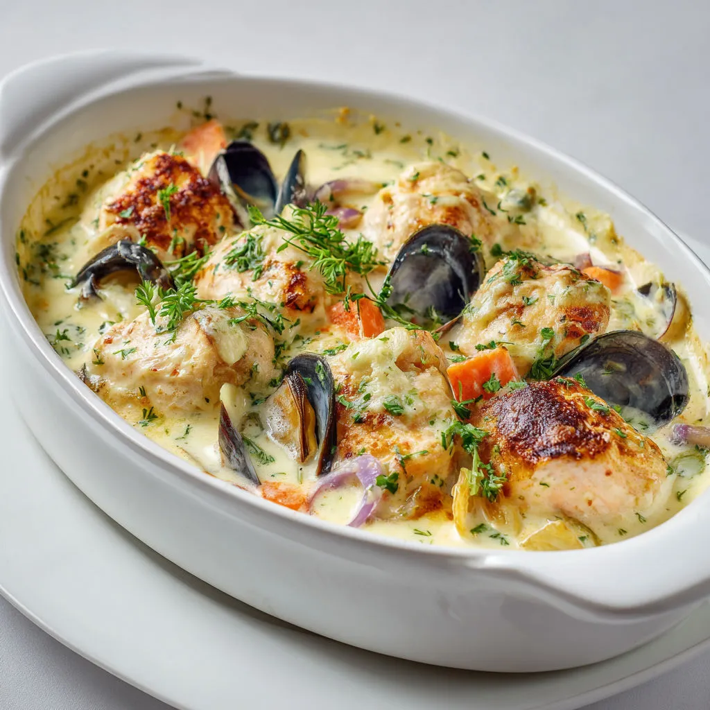 Délicieuse blanquette de poissons et moules en sauce crémeuse.