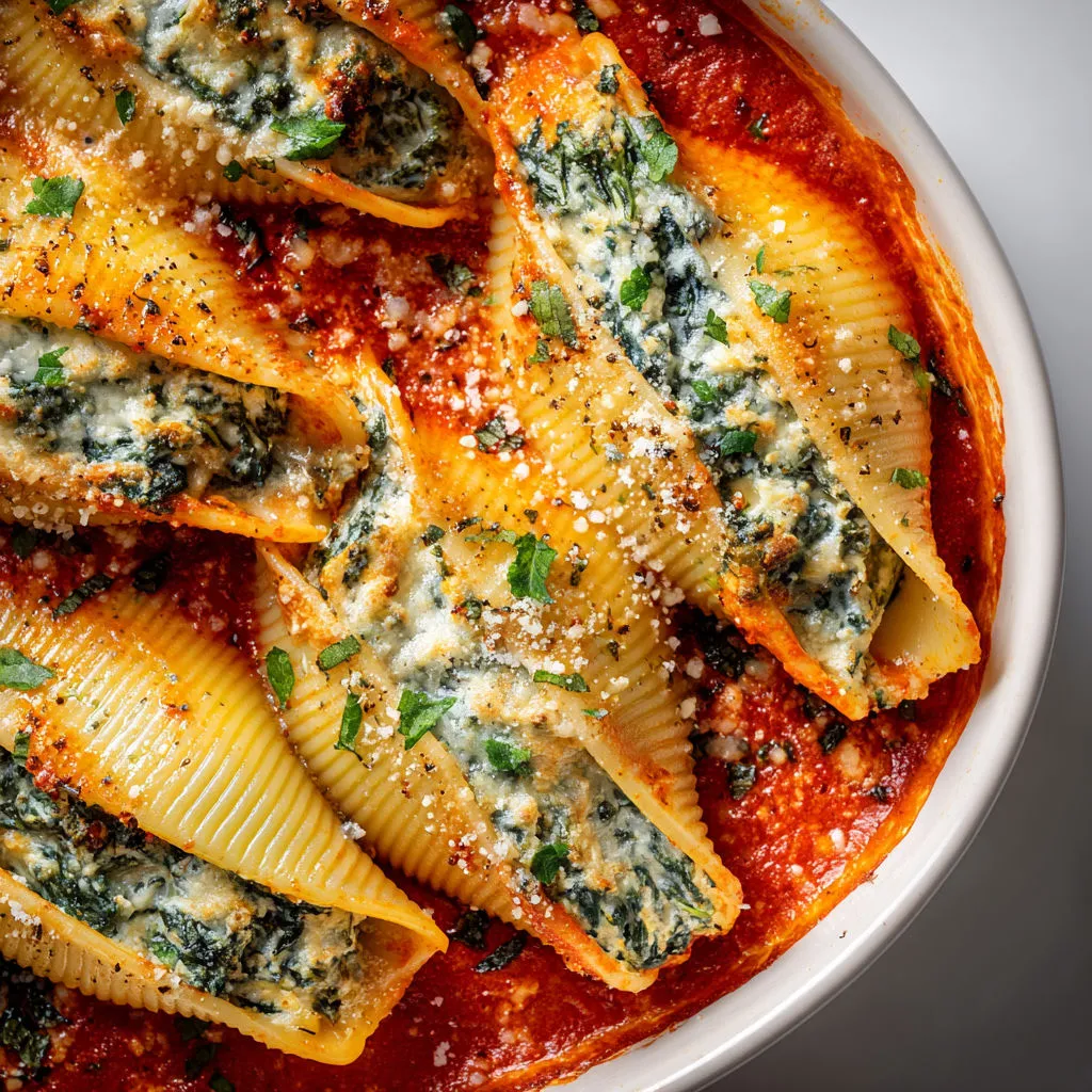Délicieuses coquilles au fromage avec épinards et poivrons