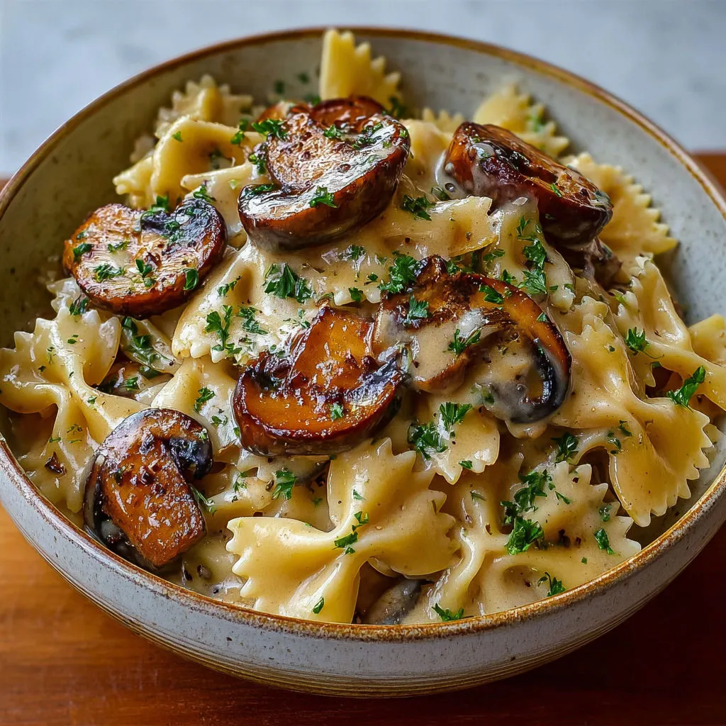 Délicieuses farfalles onctueuses aux champignons sautés