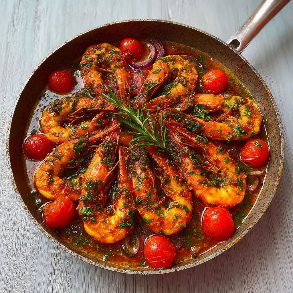 Délicieuses gambas grillées à l'ail, tomates et herbes