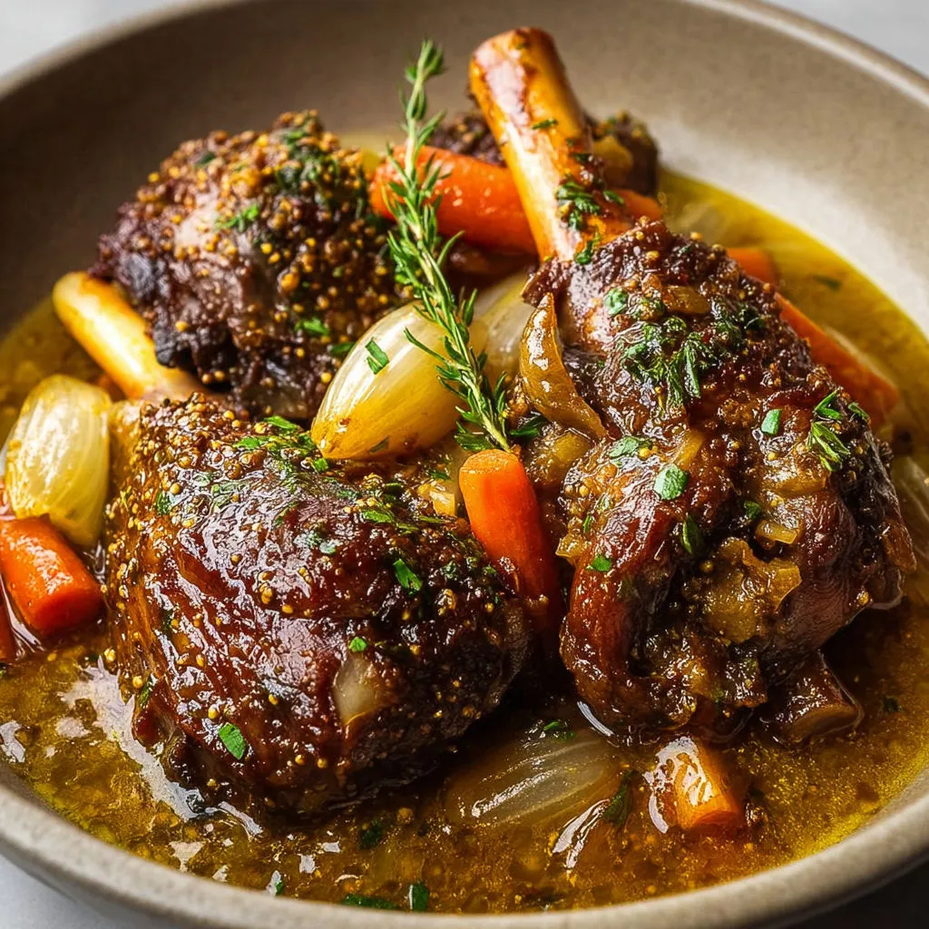 Délicieux jarrets d'agneau braisés à la moutarde.